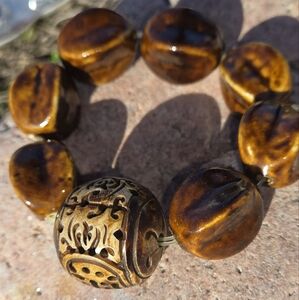 Large Carved Bone Bead With Ceramic Glazed Chocolate Brown Accent Beads Bracelet